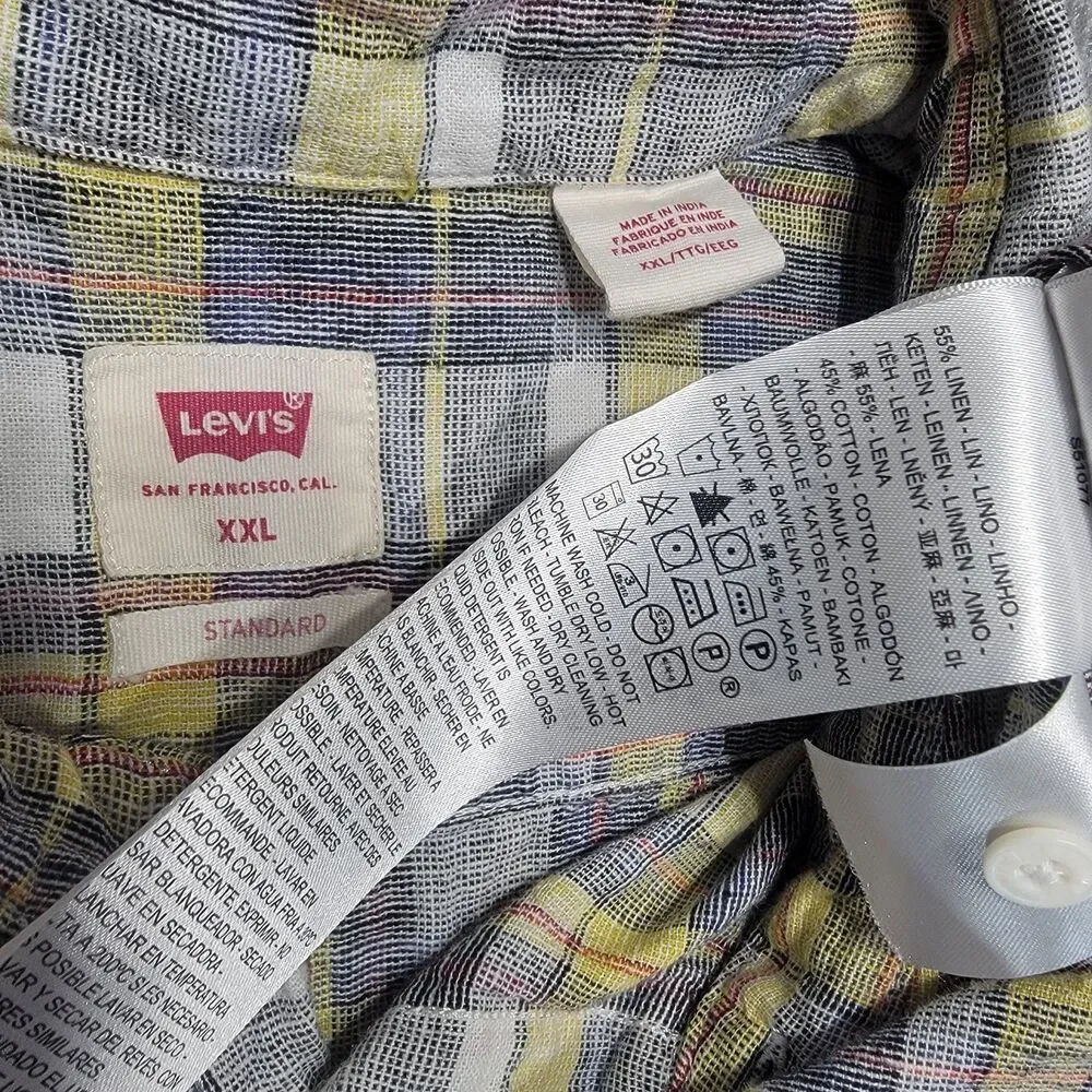 Levis Linen Blend Button Up Short Sleeve Shirt Mens XXL Standard Plaid